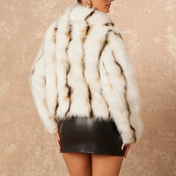 Beige Casual Women's Striped Faux Fur Jacket - Picture 2 of 8